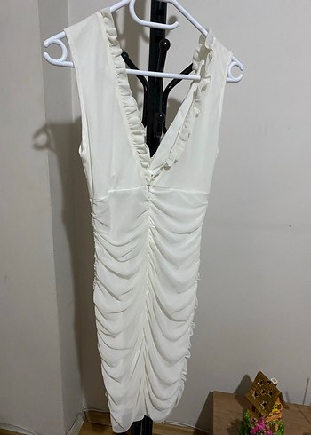 Beyaz Drapeli V Yaka Midi Elbise - Görsel 2