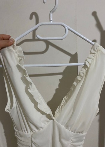 Beyaz Drapeli V Yaka Midi Elbise - Görsel 5