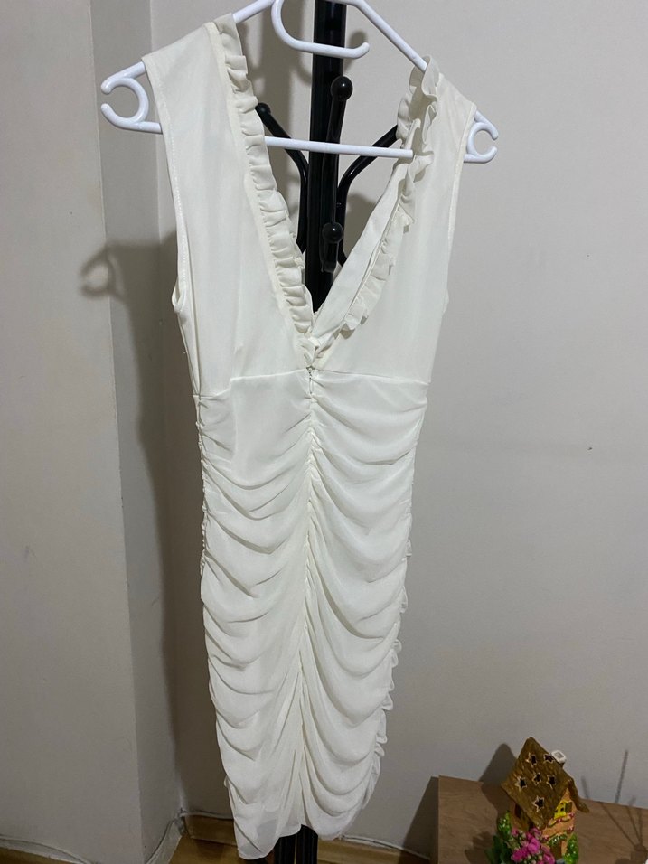 Beyaz Drapeli V Yaka Midi Elbise - Görsel 2