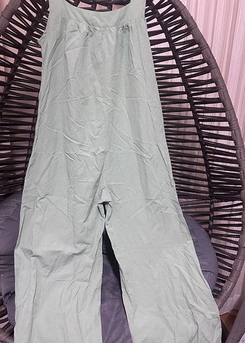 Su yeşili Keten Kadın Uzun Salaş Tulum - Görsel 2