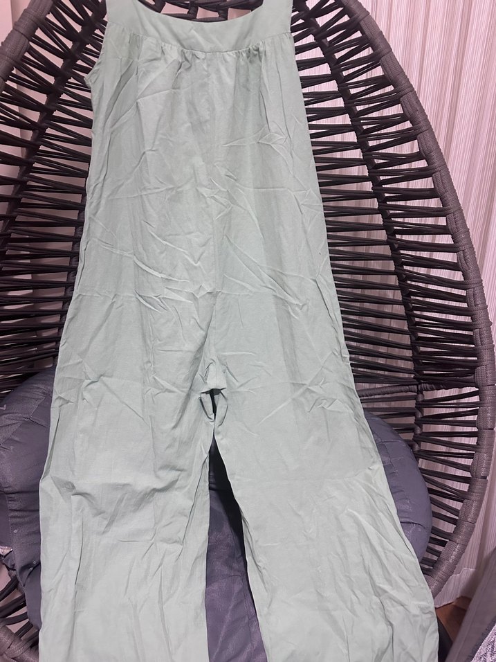 Su yeşili Keten Kadın Uzun Salaş Tulum - Görsel 2