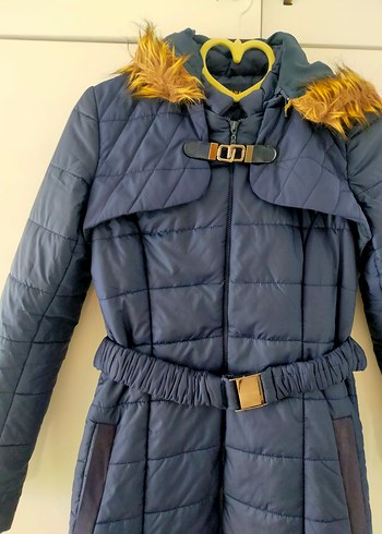 Kemerli Uzun Lacivert Kadın Kışlık Mont - Görsel 2