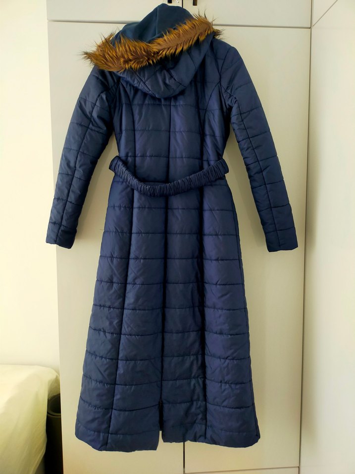 Kemerli Uzun Lacivert Kadın Kışlık Mont - Görsel 4