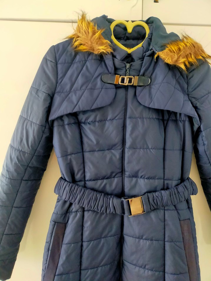 Kemerli Uzun Lacivert Kadın Kışlık Mont - Görsel 2