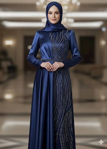 Armine Uzun Lacivert İslemeli Abiye Elbise