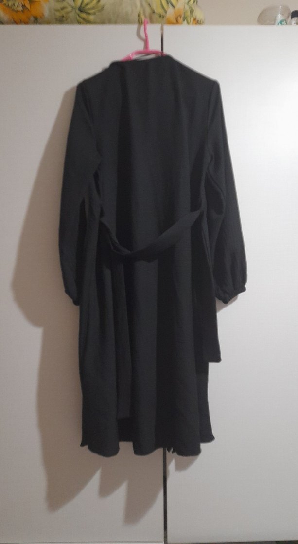 Kadın Siyah Uzun Kollu Gevşek Kesim uzun hırka pardesu - Görsel 4