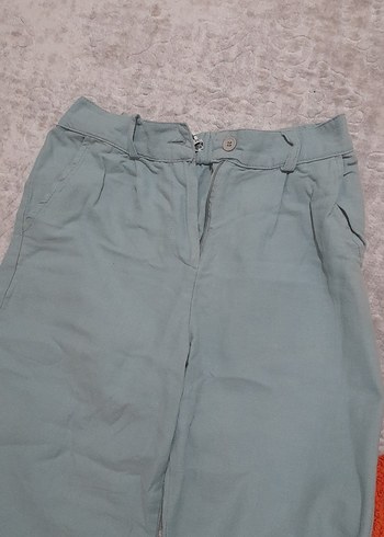 Gri Keten Kadın Bol Kesim Kemerli Pantolon - Görsel 3