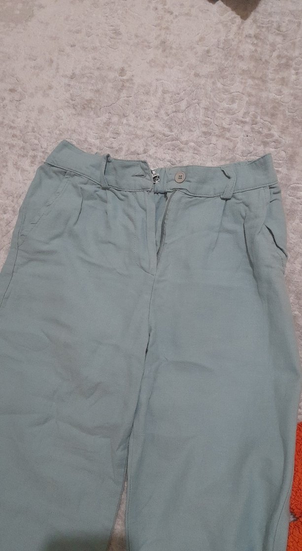 Gri Keten Kadın Bol Kesim Kemerli Pantolon - Görsel 3