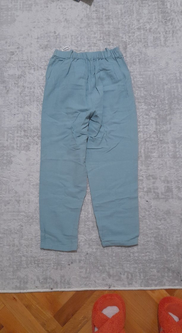 Gri Keten Kadın Bol Kesim Kemerli Pantolon - Görsel 2