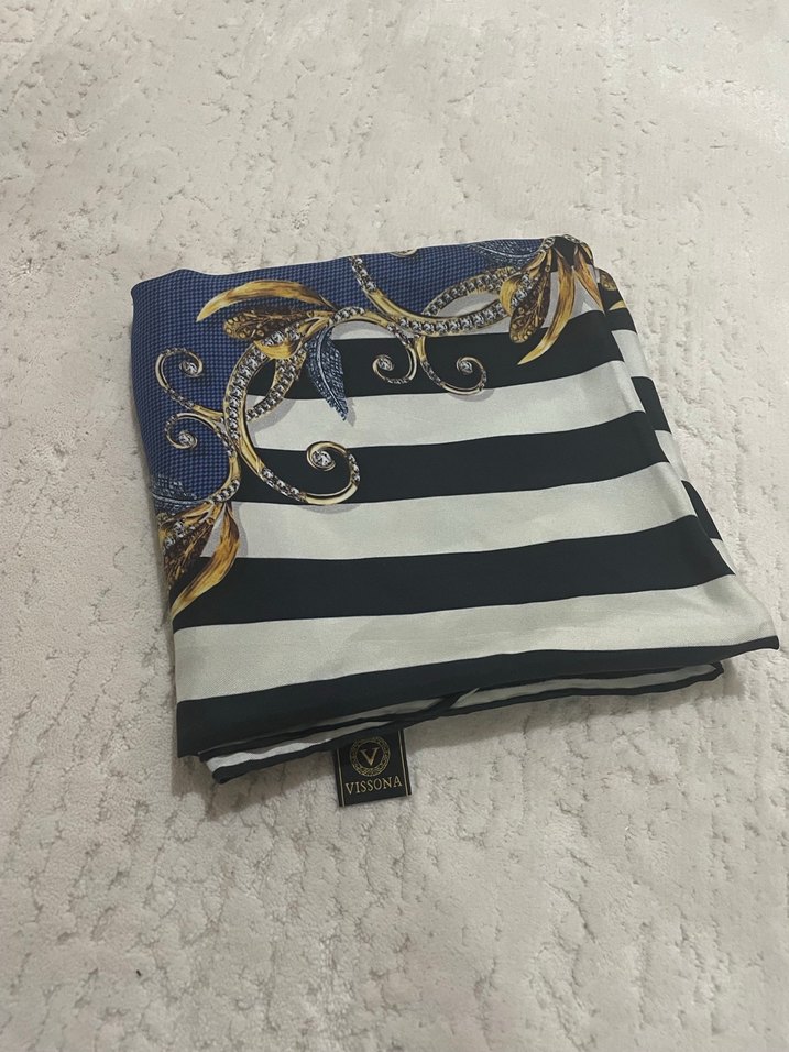 Koyu Mavi Bohem Kadın İpek Eşarp - Görsel 2