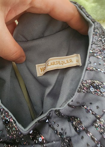 Uzun Kollu Gri Drapeli Abiye Elbise - Görsel 3