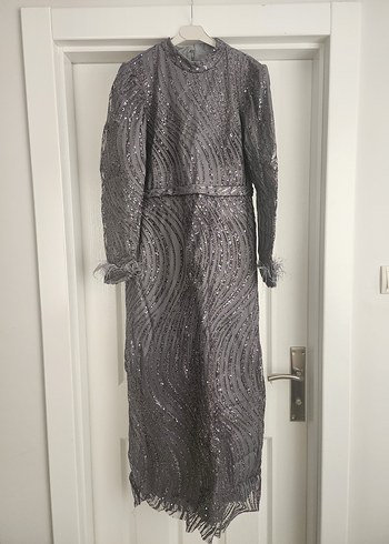 Uzun Kollu Gri Drapeli Abiye Elbise - Görsel 2