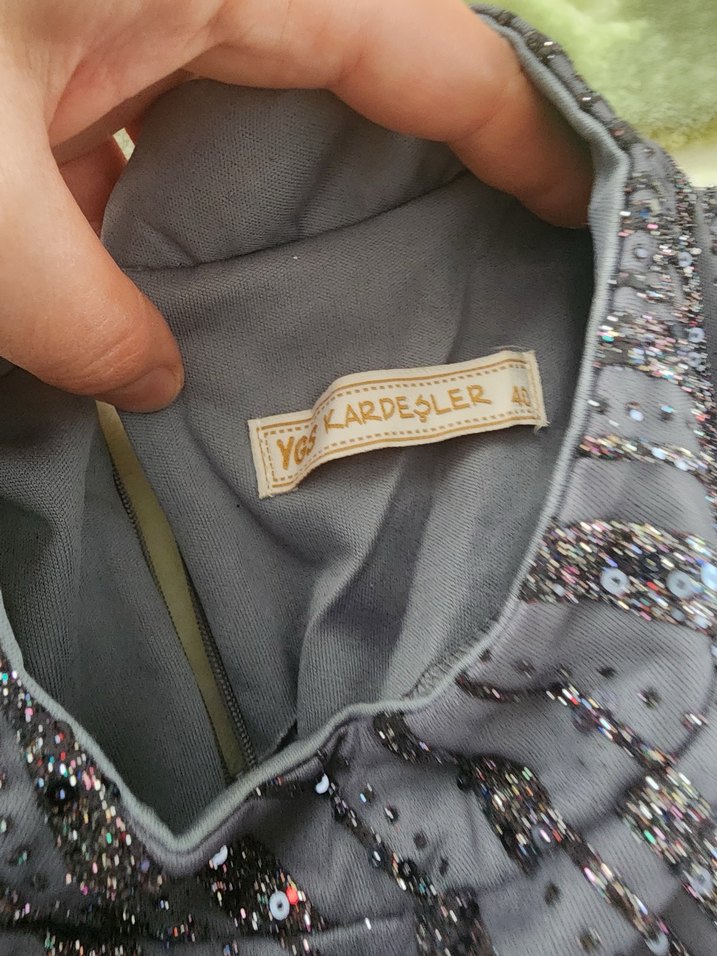 Uzun Kollu Gri Drapeli Abiye Elbise - Görsel 3