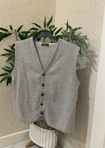 Düğmeli Gri V Yaka Örgü erkek Yelek - Görsel 2
