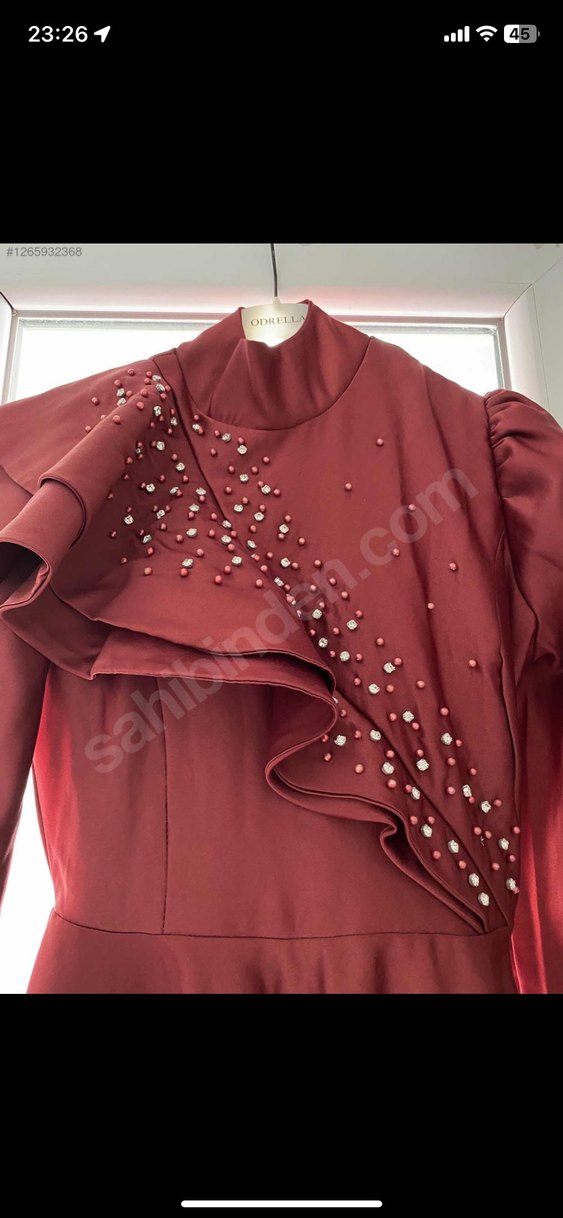 Bordo Uzun Kollu Nakışlı Abiye Elbise - Görsel 3