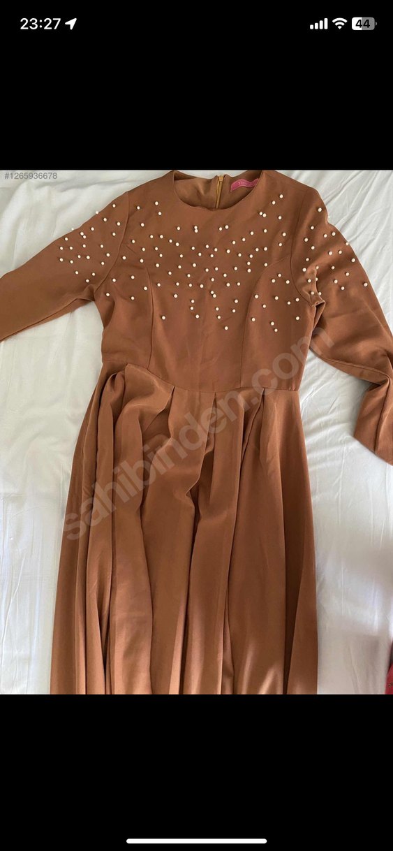 Uzun Kollu Drapeli Kahverengi Kadın Elbise - Görsel 3