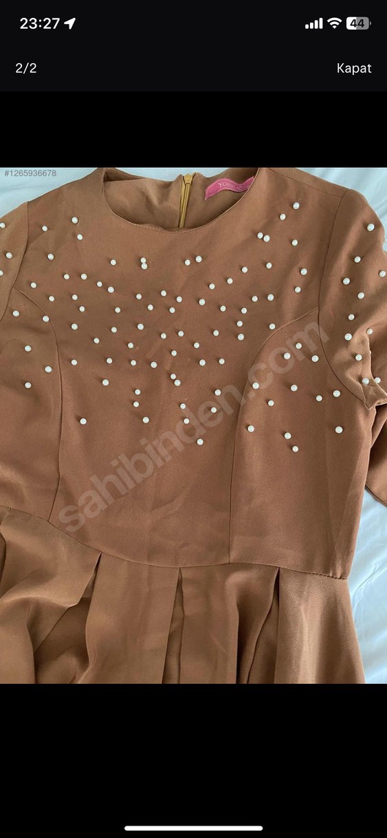 Uzun Kollu Drapeli Kahverengi Kadın Elbise - Görsel 2