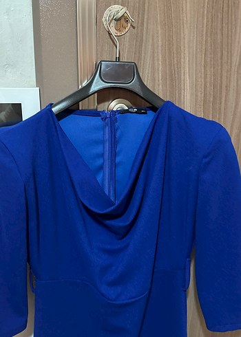 Uzun Kollu Drapeli Midi Mavi Elbise - Görsel 2