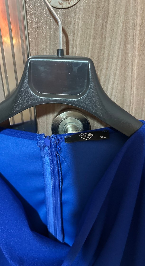 Uzun Kollu Drapeli Midi Mavi Elbise - Görsel 3