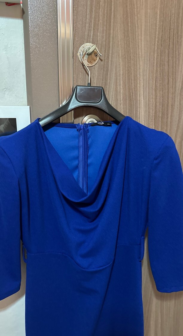 Uzun Kollu Drapeli Midi Mavi Elbise - Görsel 2