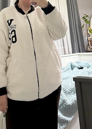 Beyaz Fermuarlı Rahat Kadın Ceket - Görsel 4