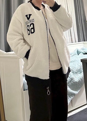 Beyaz Fermuarlı Rahat Kadın Ceket - Görsel 5