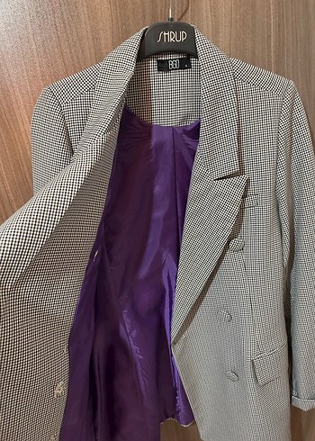 Düğmeli Gri Ekoseli Kadın Blazer Ceket - Görsel 2