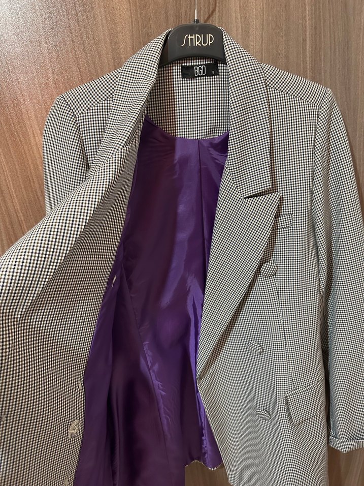 Düğmeli Gri Ekoseli Kadın Blazer Ceket - Görsel 2