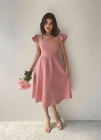s Beden pembe Renk Omuz Detaylı Kare Yaka Midi Boy Elbise