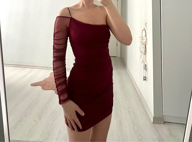 Tül Bordo Elbise