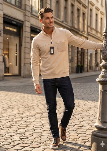 Armani Exchange Bej Fermuarlı Uzun Kollu Erkek Sweatshirt - Görsel 3