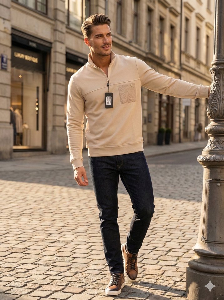 Armani Exchange Bej Fermuarlı Uzun Kollu Erkek Sweatshirt - Görsel 3