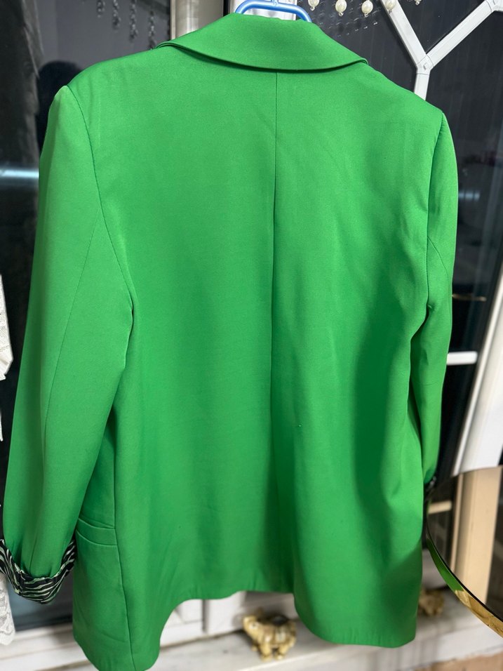 Yeşil Zebra Desenli Kadın Uzun Blazer - Görsel 3