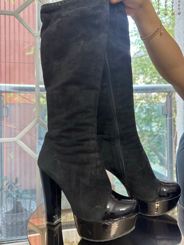 Siyah Süet Platform Topuklu Dizüstü çize - Görsel 3