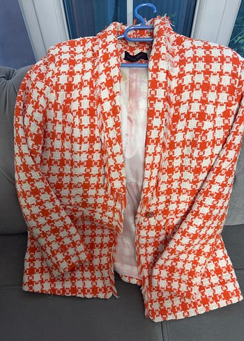 Kareli turuncu Midi Kadın Blazer Ceket - Görsel 3