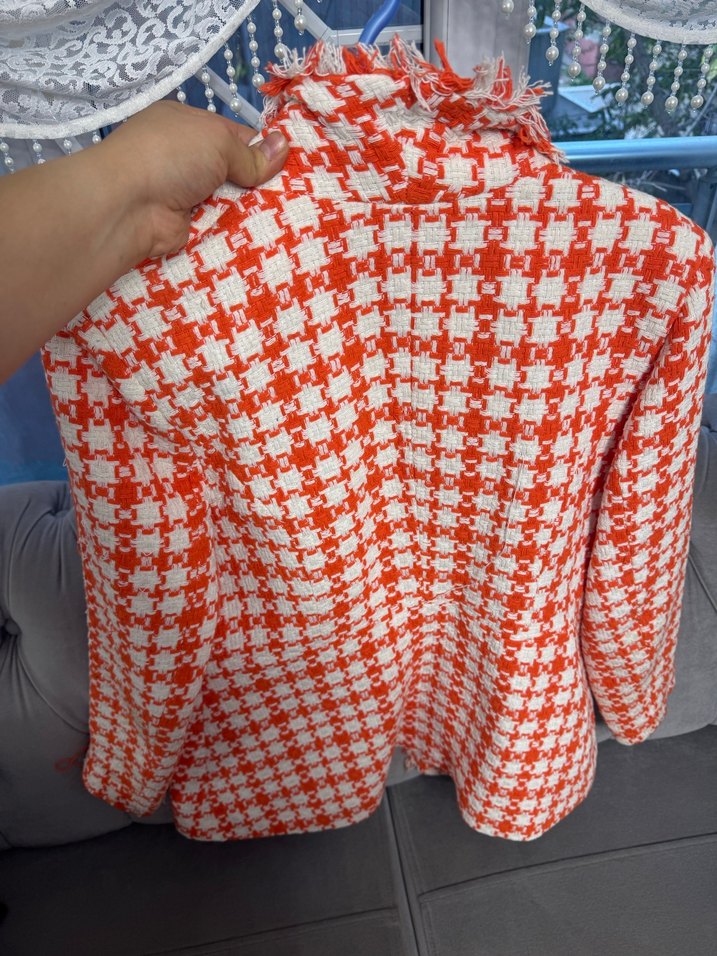 Kareli turuncu Midi Kadın Blazer Ceket - Görsel 4