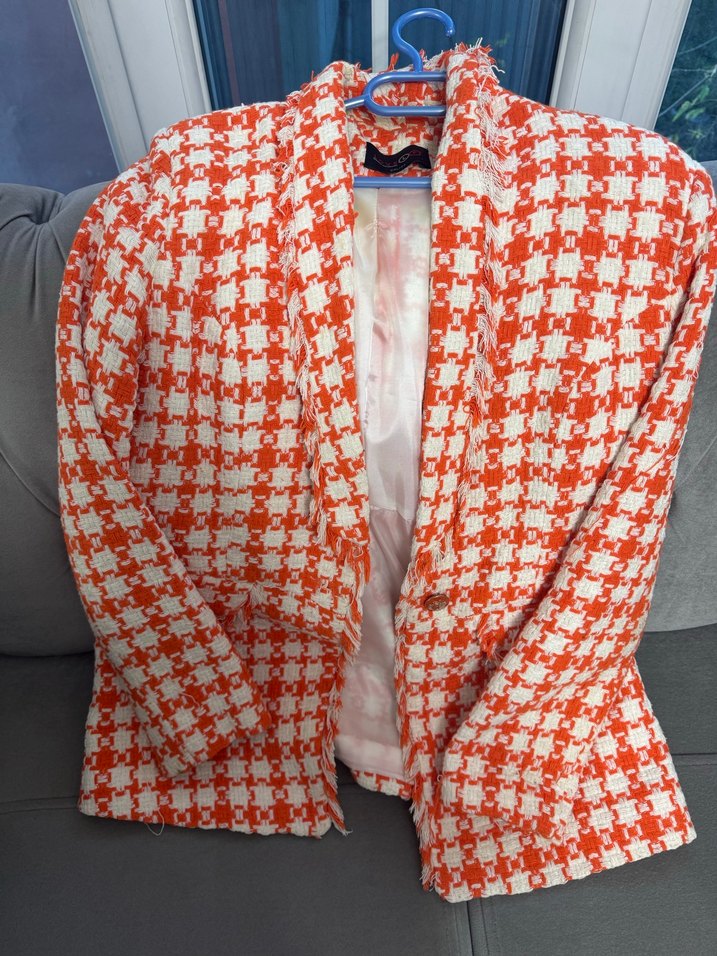 Kareli turuncu Midi Kadın Blazer Ceket - Görsel 3