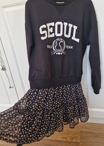 Kız Çocuk Siyah Baskılı Uzun Kollu Elbise - Görsel 3