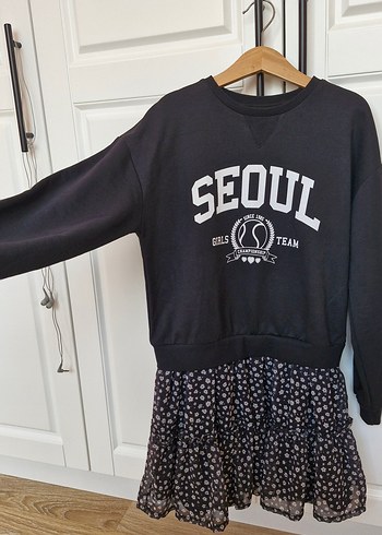 Kız Çocuk Siyah Baskılı Uzun Kollu Elbise - Görsel 5