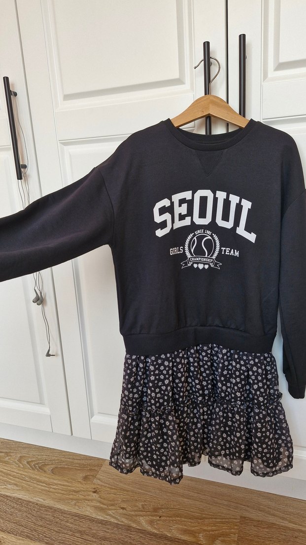 Kız Çocuk Siyah Baskılı Uzun Kollu Elbise - Görsel 5