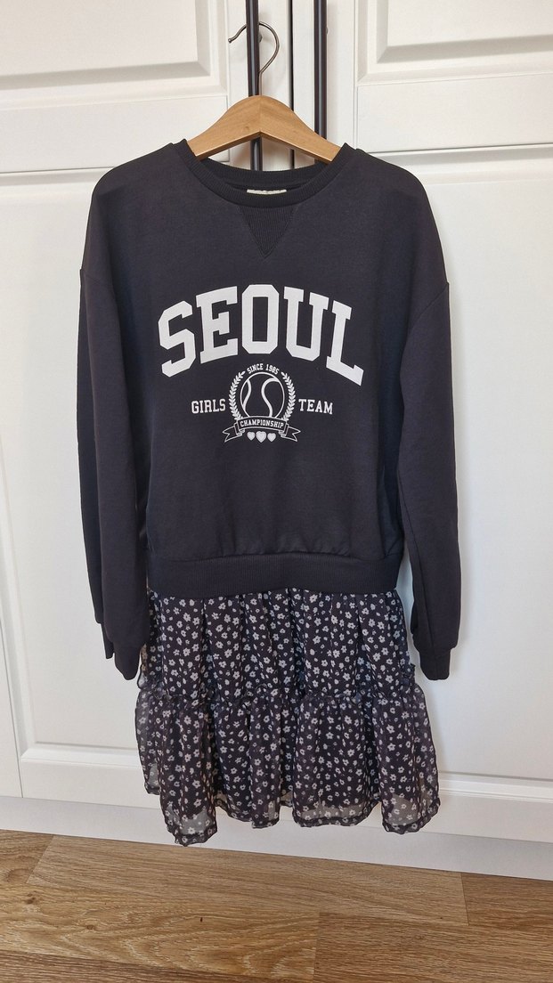 Kız Çocuk Siyah Baskılı Uzun Kollu Elbise - Görsel 2