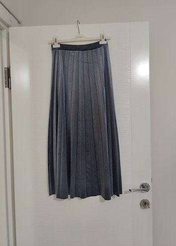 Gri Pilili Uzun Denim Etek