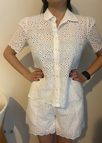Dantel İşlemeli Beyaz Kısa Kollu Gömlek Şort - Görsel 2
