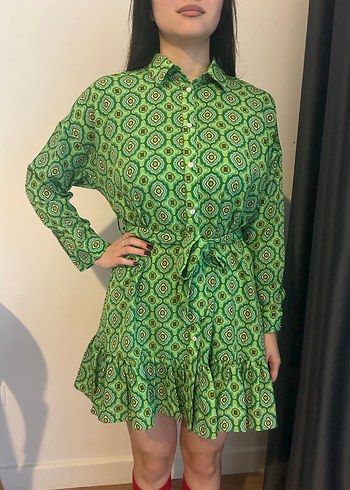 Yeşil Bohem Uzun Kollu Mini Elbise - Görsel 2