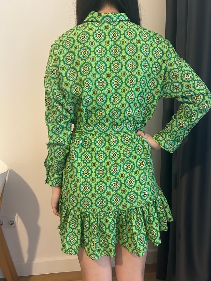 Yeşil Bohem Uzun Kollu Mini Elbise - Görsel 3