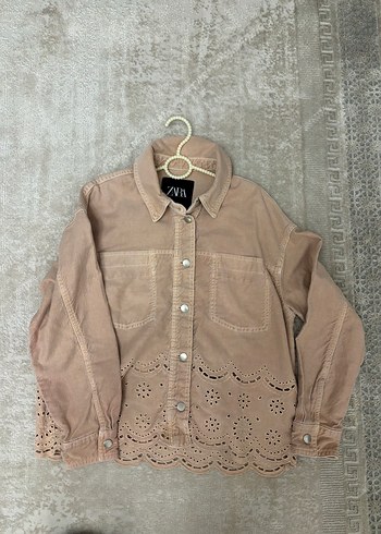 Zara Nakışlı toz pembe kot Kadın Ceket small