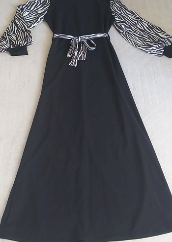Zebra Desenli Siyah Uzun Elbise