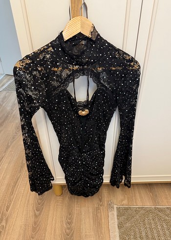 Mini Elbise, Uzun Kollu, Dantelli, Puantiyeli - Görsel 2