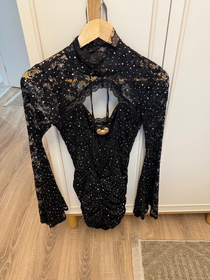 Mini Elbise, Uzun Kollu, Dantelli, Puantiyeli - Görsel 2