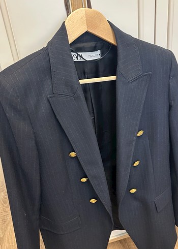 Düğmeli Gri Çizgili Kadın Blazer Ceket - Görsel 2